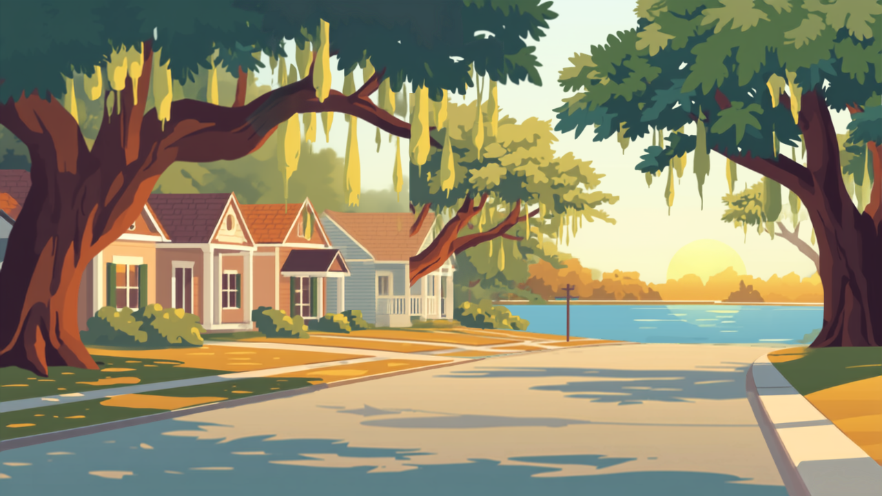 Lake Charles first-time homebuyer and FHA loans illustration of a sunny neighborhood street with oak trees near the water