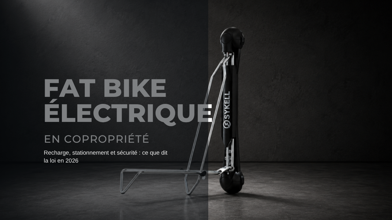Fat bike électrique Sykell suspendu grâce à la fixation murale rabattable, solution de rangement compact pour la copropriété