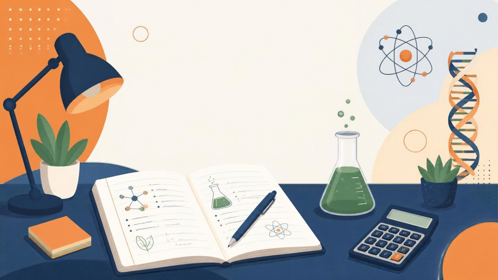 Illustration of a GCSE Science revision desk with a notebook, beaker, atom diagram and DNA helix
